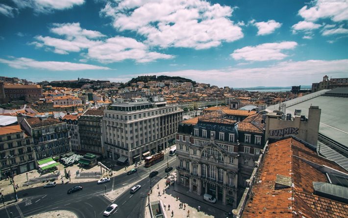 panorama, staden, lissabon, gata, byggnad, huvudstaden, portugal, europa