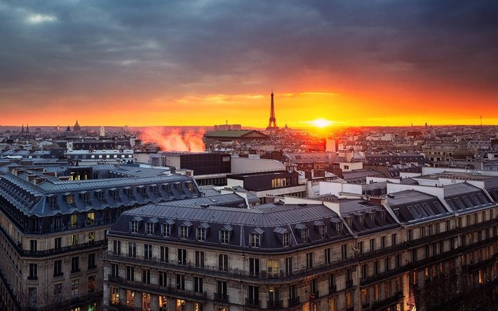 staden, paris, frankrike, moln, hustak, himmel, byggnad, europa, kyrka, panorama, katedral, stad, ljus, gammal byggnad, rök, arkitektur, solnedgång, stadsbild, horisont
