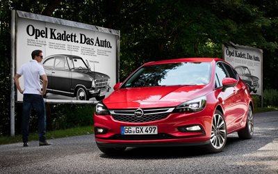 2016, opel, astra, red, stand, man