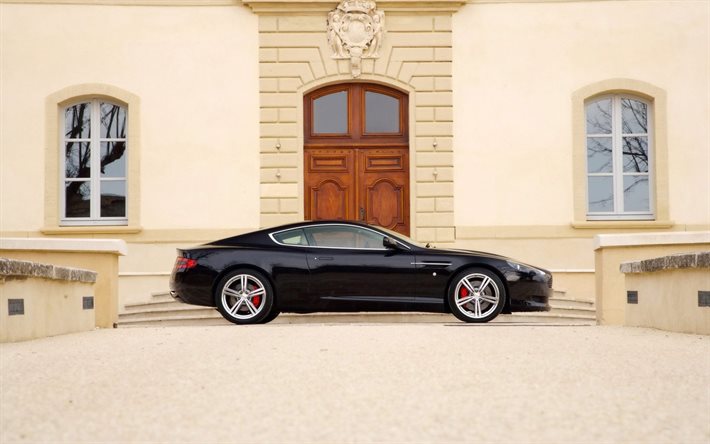 side view, the building, db9, aston martin, coupe, 2008, black, deluxe class