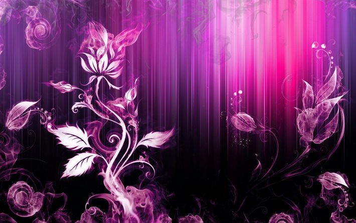 patterns, flowers, abstraction, purple background