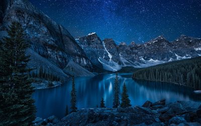 moraine lake, parc national, d'étoiles, de banff, au canada, la nuit, le lac moraine, canada
