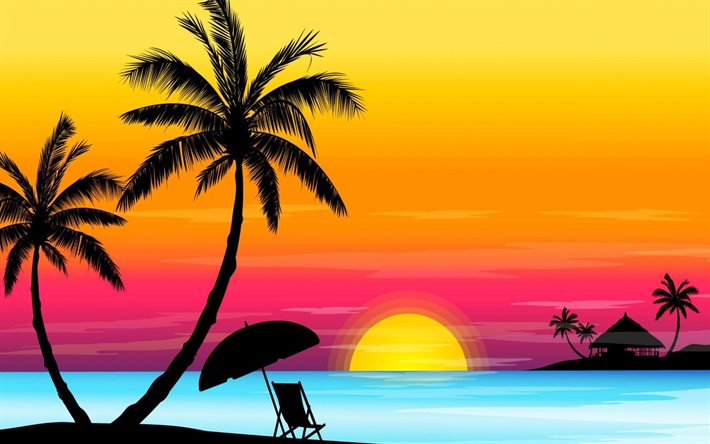 solnedgång, palmer, stranden, abstraktion, landskap