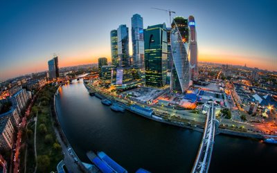 moscow, moscow-city, skyscrapers, lights, evening, moscow river, tower 2000