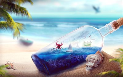 the ocean, tropics, bottle, boat, crab