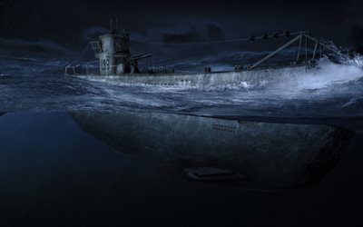 submarino, noite, a escuridão, fantasia