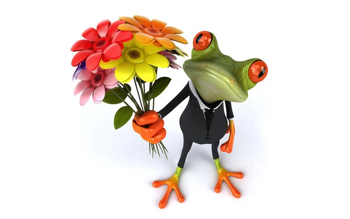 toad, frog, flowers