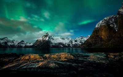 उत्तरी रोशनी, नॉर्वे, रात को आसमान, पहाड़ों