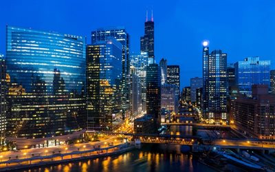 シカゴ, ウィリスタワー, 米国, 高層ビル群, 夜