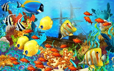 undervattensvärld, fisk, korallrev