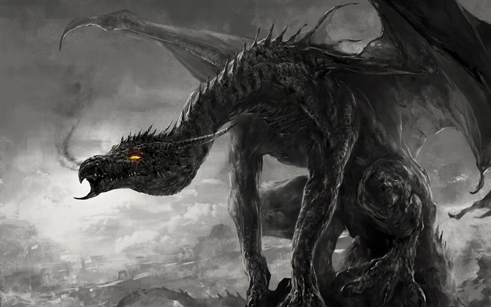 black-white photo, fiery eyes, dragon, fantasy