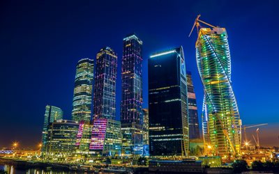 मास्को शहर, गगनचुंबी इमारतों, रोशनी, रूस, रात, मास्को सिटी