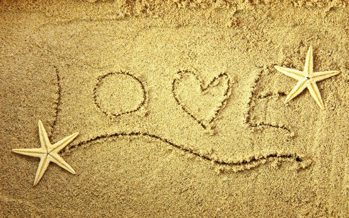l'amour, l'inscription, étoiles de mer, de sable, de l'amour