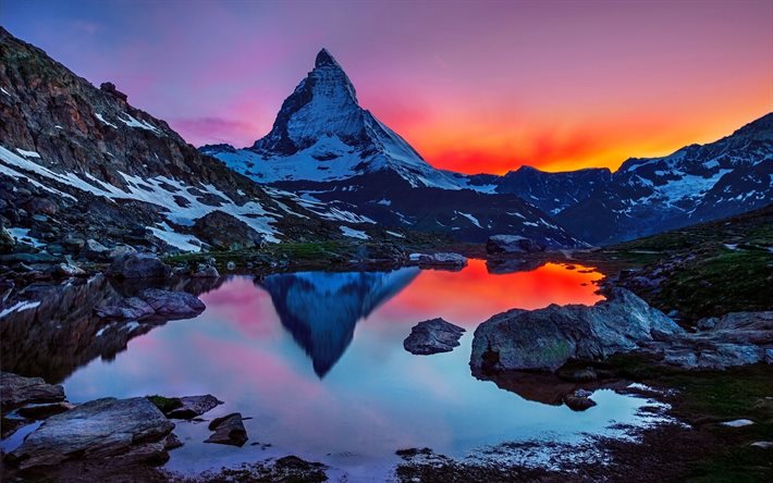 las montañas, el monte cervino, alpes, suiza, puesta de sol, matterhorn