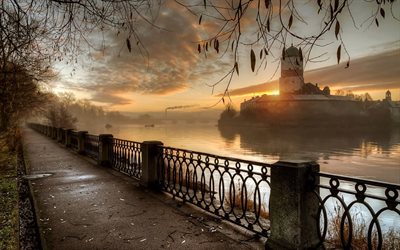 morning, dawn, promenade, autumn, kreposti, vyborg, russia