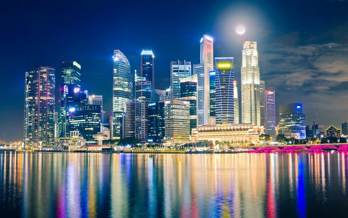 고층 빌딩, 야간 조명, 싱가포르