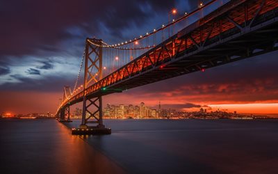 estados unidos, la noche, el puente de la bahía, san francisco, california