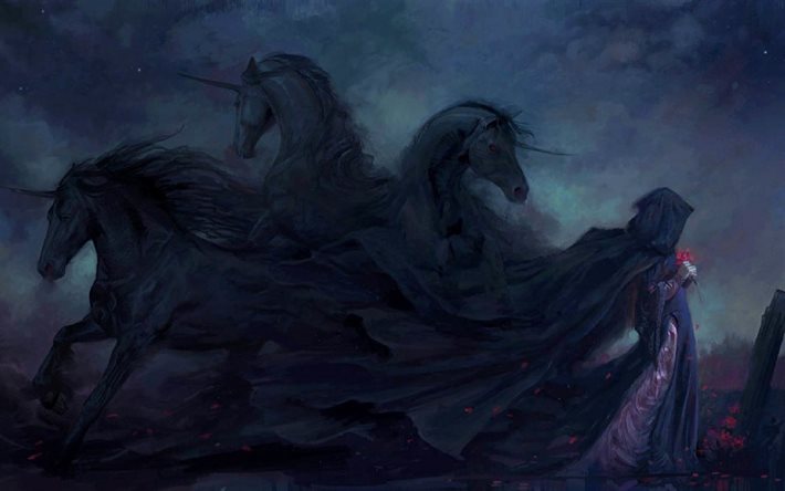 la oscuridad, los caballos, unicornios, chica