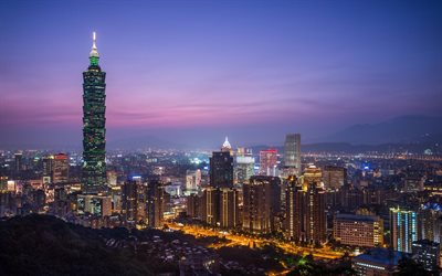 china, taipei, taiwán, rascacielos, noche, ciudad