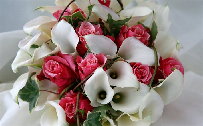 calla lilies, flowers, bouquet, rose