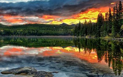 国立公園, ピラミッド湖, ジャスパー, カナダ, 夕日