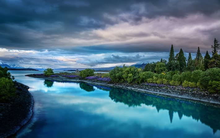 le lac tekapo, nouvelle-zélande, île du sud, le crépuscule, la nouvelle-zélande