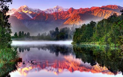 湖, 山々, 朝, 島の南, ニュージーランド
