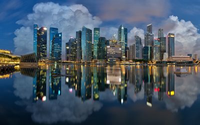 rascacielos, noche, reflejo, marina bay, singapur