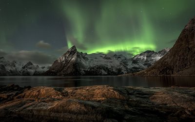 mer de norvège, la norvège, les îles lofoten, lumières du nord, nuit, norvège