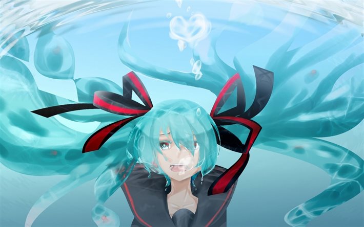 vocaloid, hatsune miku, under water, bubbles