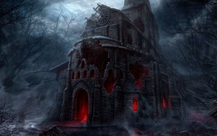 fantasi, förstörd kyrka, mörkret