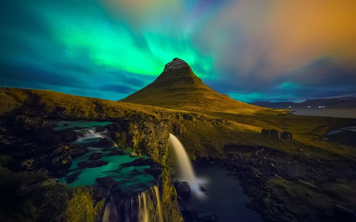 aurora boreal, islândia, kirkjufell