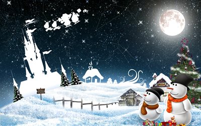 winter, snowmen, christmas, new year, night, christmas night