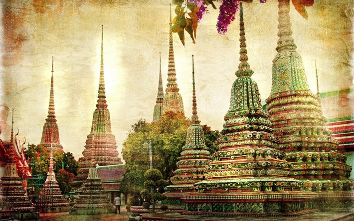 thailand, bangkok, temples, retro