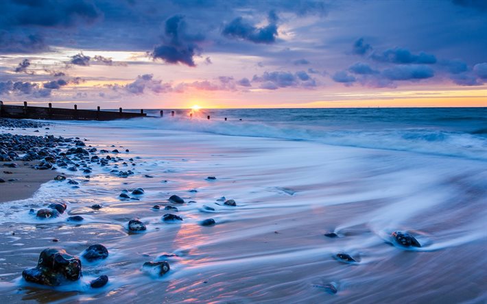 غروب الشمس, البحر, موجة, نورفولك, إنجلترا