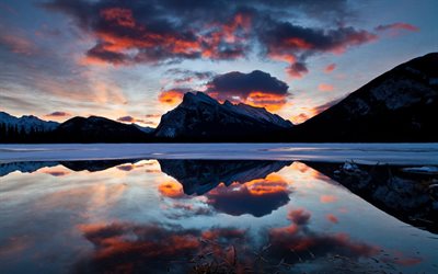 el lago vermilion, canadá, puesta de sol, invierno, banff