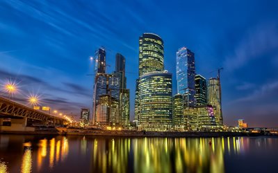 व्यापार केन्द्र, मास्को-शहर, मास्को, गगनचुंबी इमारतों, रात, रूस