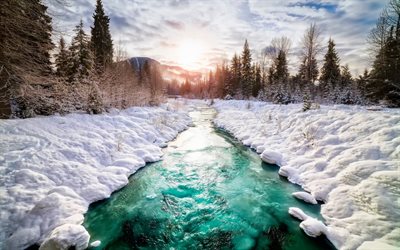 ذاب الثلج, الشتاء, مساء, نهر, كندا