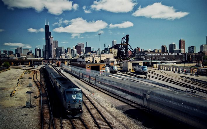 tåg, skyskrapor, chicago, illinois, usa, järnväg