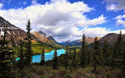 कनाडा, peyto lake, peyto झील, पहाड़ों, बादलों, गर्मी