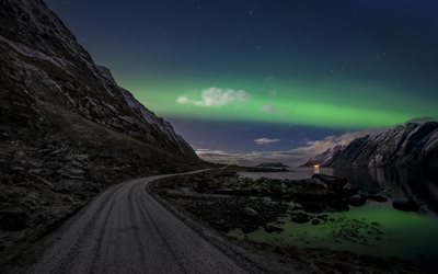 montagna, strada, le isole lofoten, la notte, norvegia