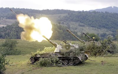 self-propelled howitzers, sau 2s3, bronetehnika, volley, artillery