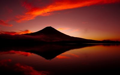 giappone, il giappone, il vulcano, il tramonto, il lago di fuji