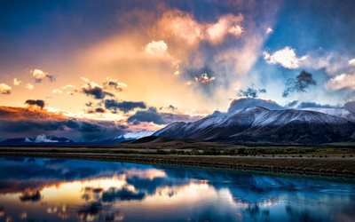 Yeni Zelanda, Güney Adası, dağlar, Gün batımı