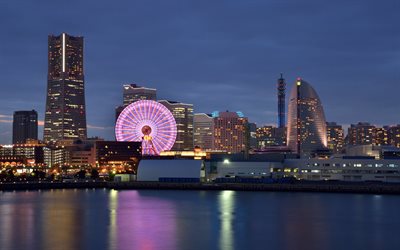 أضواء, ليلة, يوكوهاما, اليابان, ناطحات السحاب