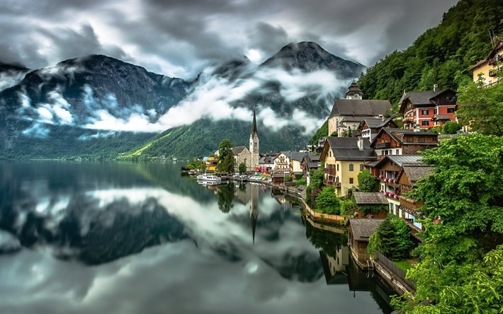 湖, 雲, hallstatt, 山々, のsalzkammergut, オーストリア