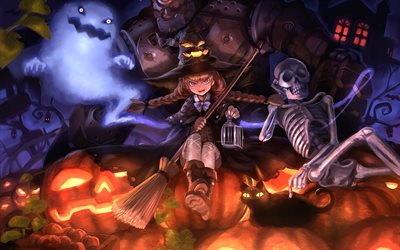 Halloween, night, characters, skeleton, ghost, pumpkin