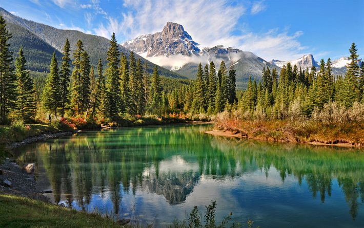 Canada, river, mountain, forest, clouds