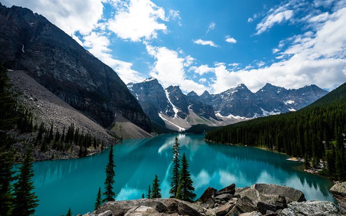 Lago Moraine, 4k, montagne, lago blu, Alberta, foresta, Parco Nazionale di Banff, Canada
