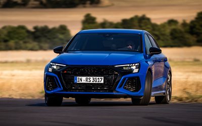 Audi RS 3 Sportback, 4k, front view, 2022 cars, highway, Blue Audi RS 3 Sportback, 2022 Audi RS 3 Sportback, german cars, Audi